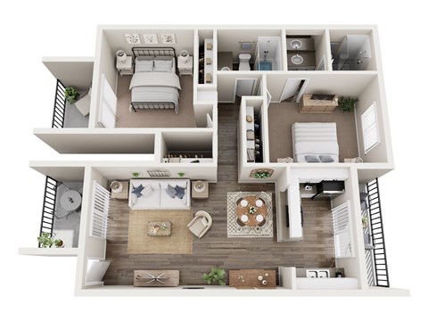 A 3D floor plan of a house with a living room, kitchen, and bedrooms.